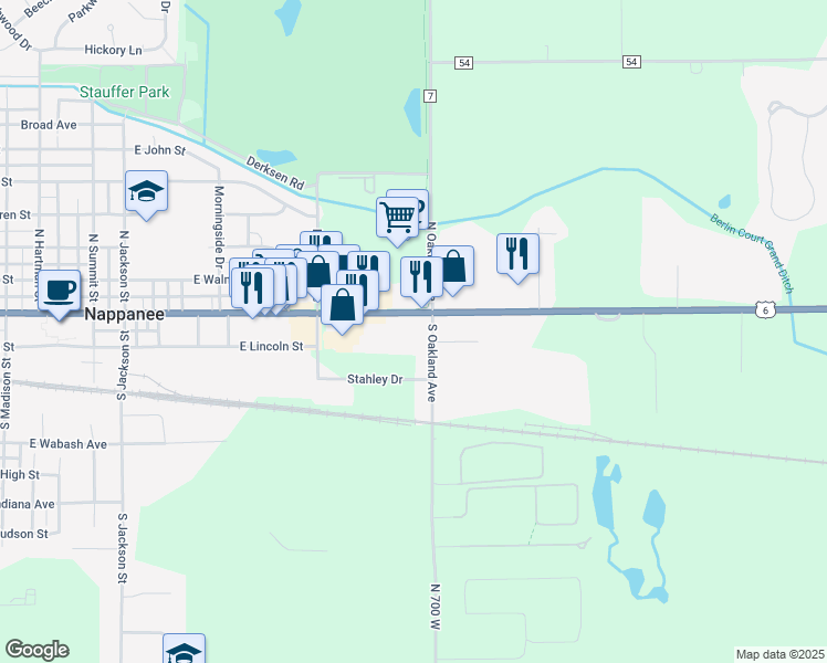 map of restaurants, bars, coffee shops, grocery stores, and more near 1651 East Market Street in Nappanee