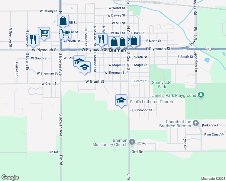 map of restaurants, bars, coffee shops, grocery stores, and more near 531 South Jackson Street in Bremen