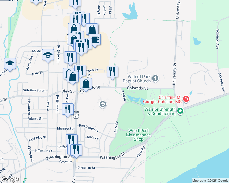 map of restaurants, bars, coffee shops, grocery stores, and more near 152 Colorado Street in Muscatine