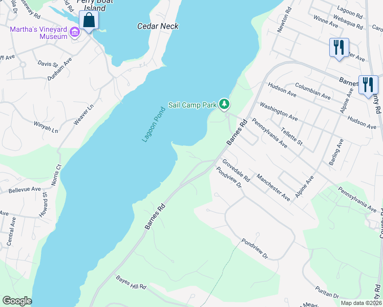 map of restaurants, bars, coffee shops, grocery stores, and more near 10 Hubbard Lane in Oak Bluffs
