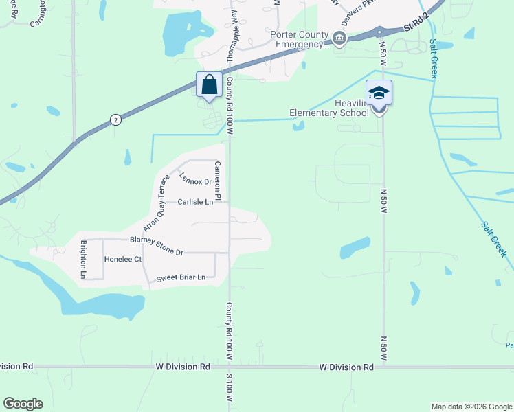 map of restaurants, bars, coffee shops, grocery stores, and more near 2955 County Road 100 West in Valparaiso