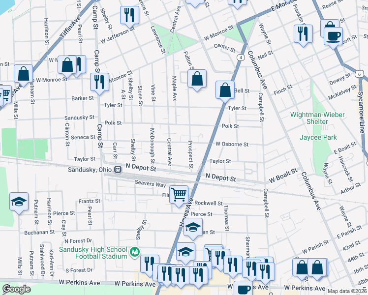 map of restaurants, bars, coffee shops, grocery stores, and more near 812 W Osborne St in Sandusky
