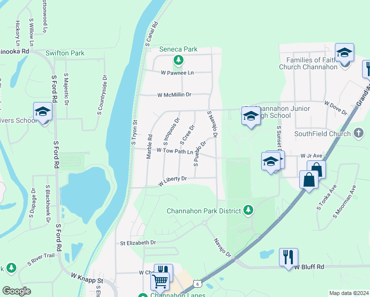 map of restaurants, bars, coffee shops, grocery stores, and more near 24241 South Cree Drive in Channahon