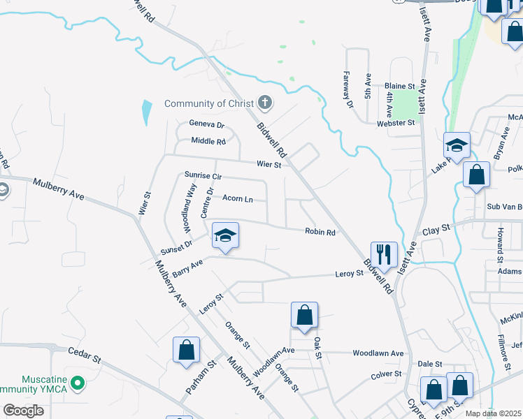 map of restaurants, bars, coffee shops, grocery stores, and more near 1211 Sunrise Cir in Muscatine