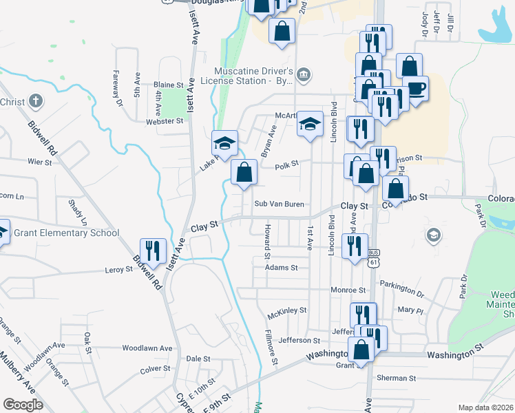 map of restaurants, bars, coffee shops, grocery stores, and more near 600 Sub Van Buren in Muscatine
