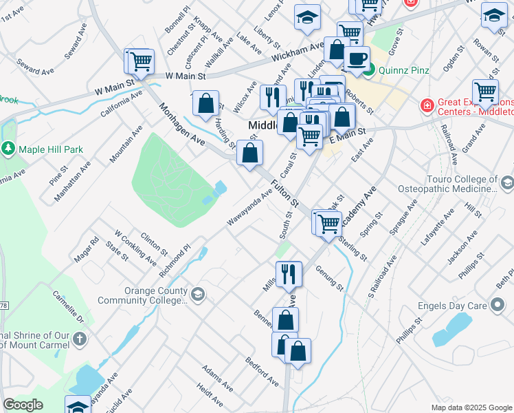 map of restaurants, bars, coffee shops, grocery stores, and more near 25 Wawayanda Avenue in Middletown