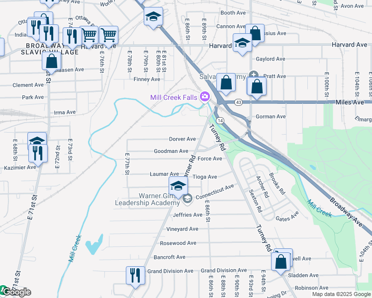 map of restaurants, bars, coffee shops, grocery stores, and more near 8305 Goodman Avenue in Cleveland