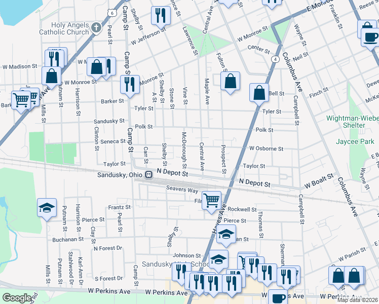map of restaurants, bars, coffee shops, grocery stores, and more near 922 West Osborne Street in Sandusky