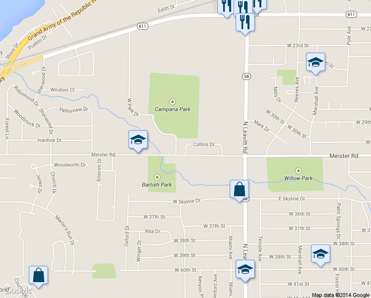 map of restaurants, bars, coffee shops, grocery stores, and more near 2828 Meister Road in Lorain