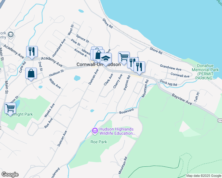 map of restaurants, bars, coffee shops, grocery stores, and more near 38 Cherry Avenue in Cornwall-on-Hudson