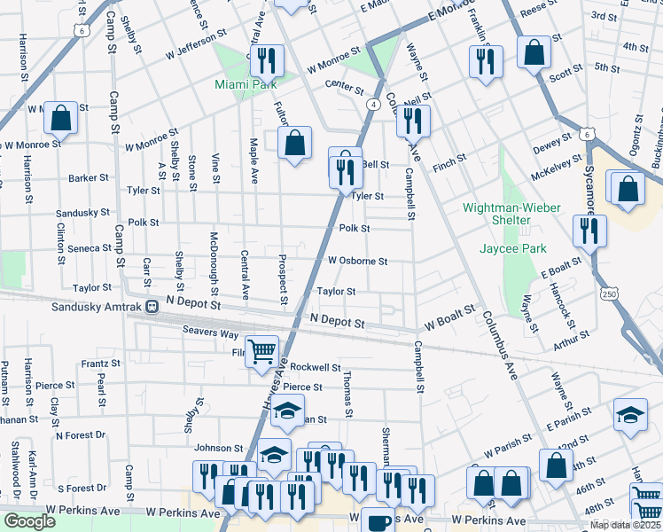 map of restaurants, bars, coffee shops, grocery stores, and more near 612 West Osborne Street in Sandusky