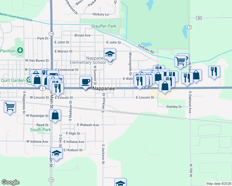 map of restaurants, bars, coffee shops, grocery stores, and more near 856 East Lincoln Street in Nappanee