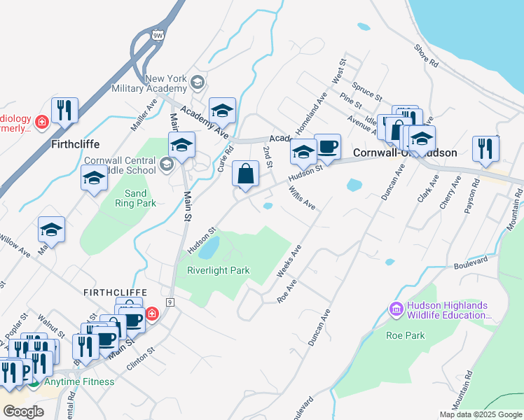 map of restaurants, bars, coffee shops, grocery stores, and more near 5 Kelly Lane in Cornwall-on-Hudson