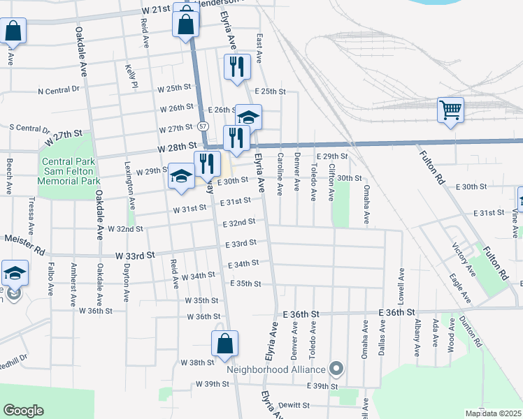 map of restaurants, bars, coffee shops, grocery stores, and more near 3143 Elyria Avenue in Lorain
