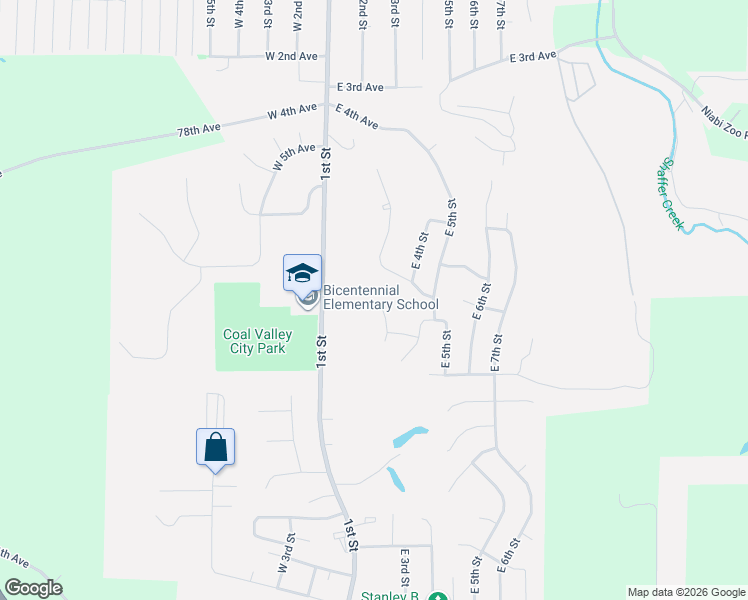 map of restaurants, bars, coffee shops, grocery stores, and more near 1004 East 3rd Street Court in Coal Valley