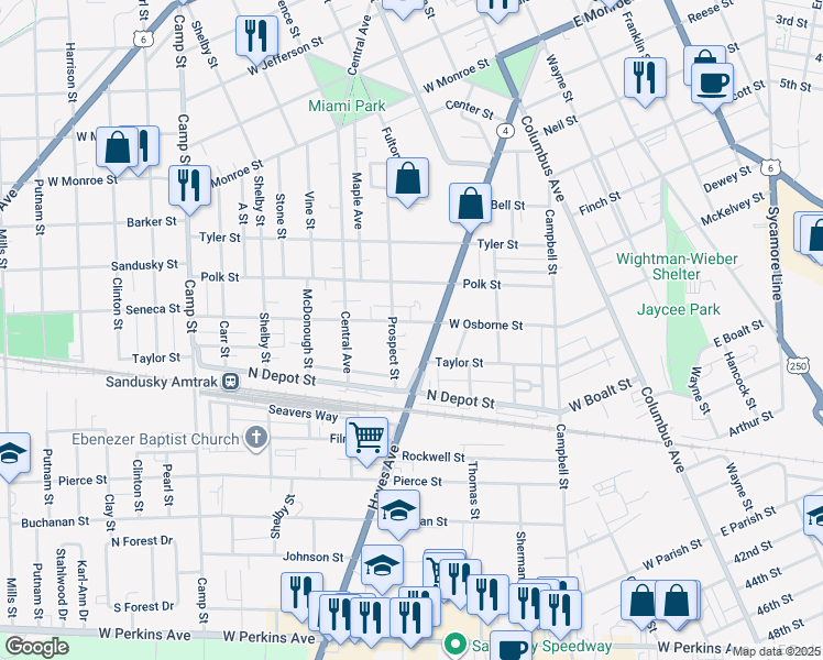 map of restaurants, bars, coffee shops, grocery stores, and more near 712 W Osborne St in Sandusky