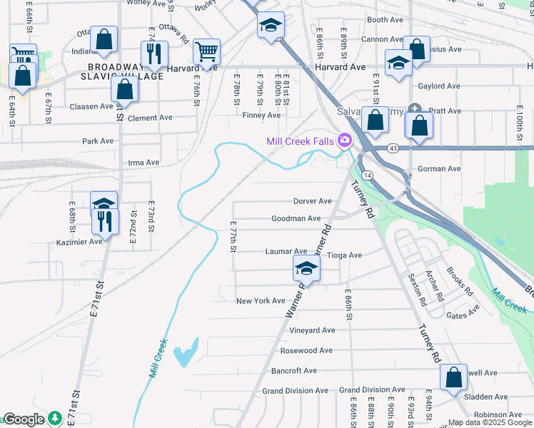 map of restaurants, bars, coffee shops, grocery stores, and more near 7913 Goodman Avenue in Cleveland