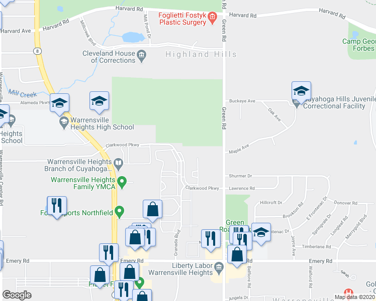 map of restaurants, bars, coffee shops, grocery stores, and more near in Warrensville Heights