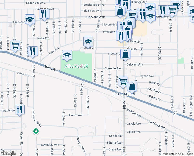 map of restaurants, bars, coffee shops, grocery stores, and more near 4320 East 160th Street in Cleveland