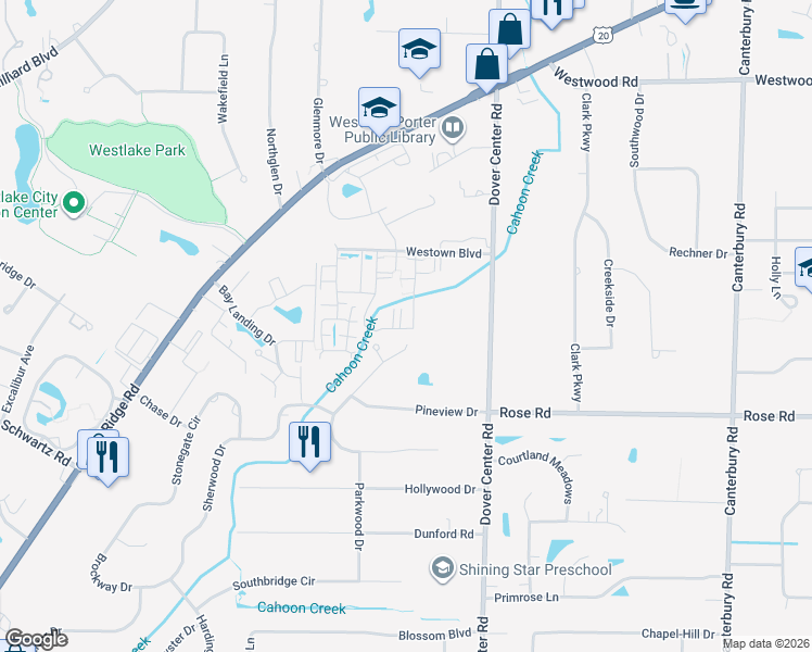 map of restaurants, bars, coffee shops, grocery stores, and more near 3214 Balsam Drive in Westlake