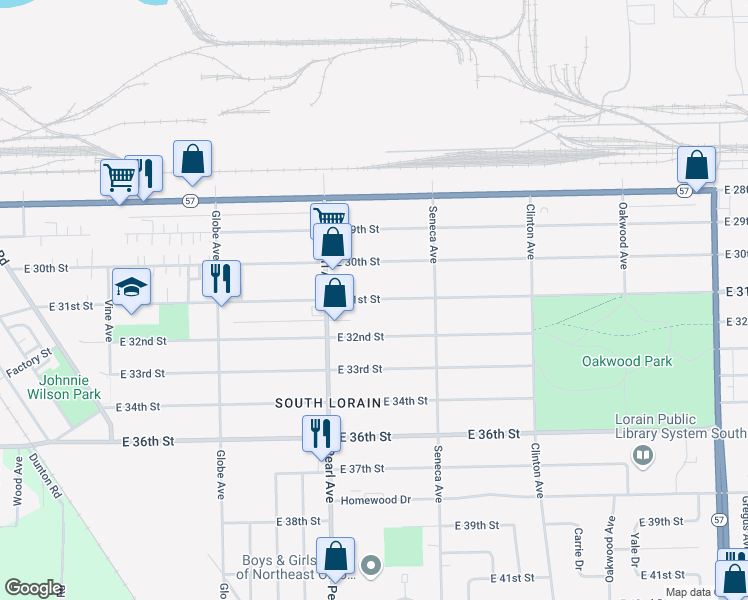 map of restaurants, bars, coffee shops, grocery stores, and more near 1852 East 31st Street in Lorain