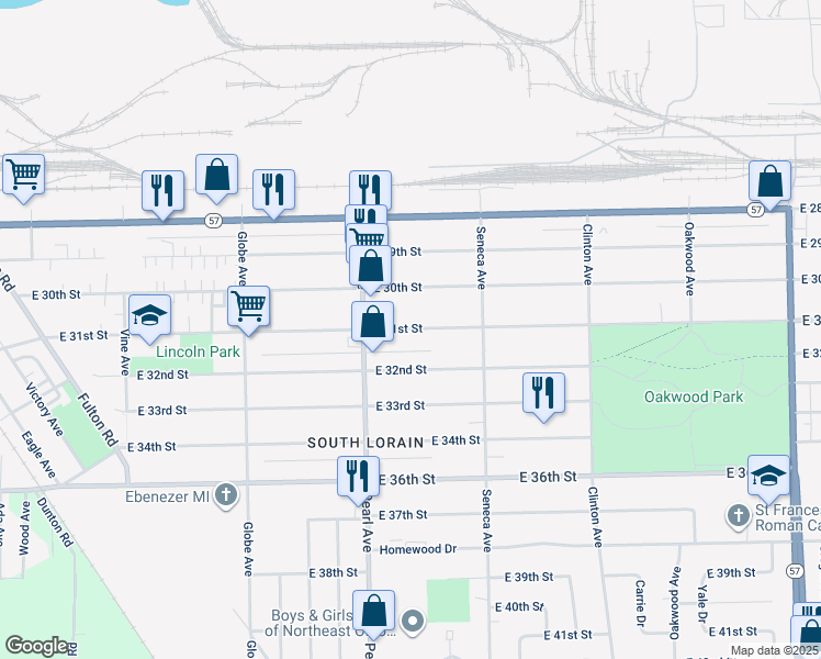 map of restaurants, bars, coffee shops, grocery stores, and more near 1820 East 31st Street in Lorain