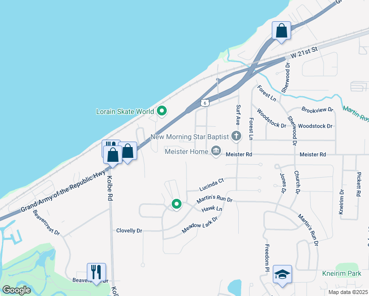 map of restaurants, bars, coffee shops, grocery stores, and more near 3200 Robin Lane in Lorain