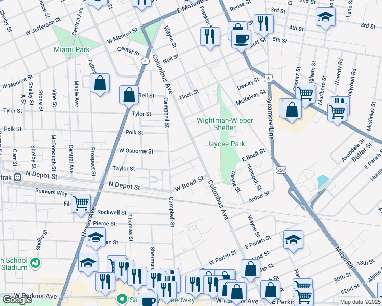 map of restaurants, bars, coffee shops, grocery stores, and more near 1521 Columbus Avenue in Sandusky