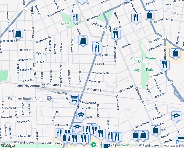 map of restaurants, bars, coffee shops, grocery stores, and more near 612 West Osborne Street in Sandusky