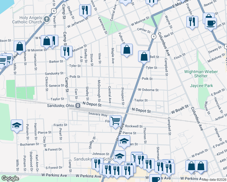 map of restaurants, bars, coffee shops, grocery stores, and more near 812 West Osborne Street in Sandusky