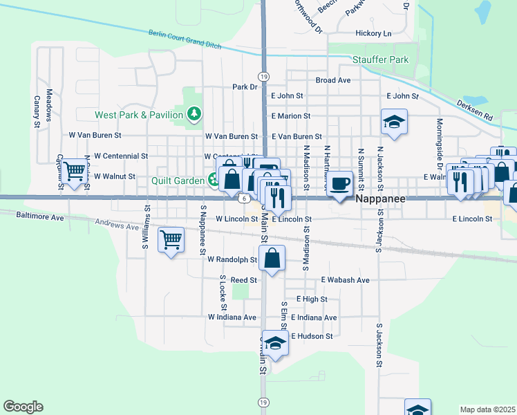 map of restaurants, bars, coffee shops, grocery stores, and more near in Nappanee