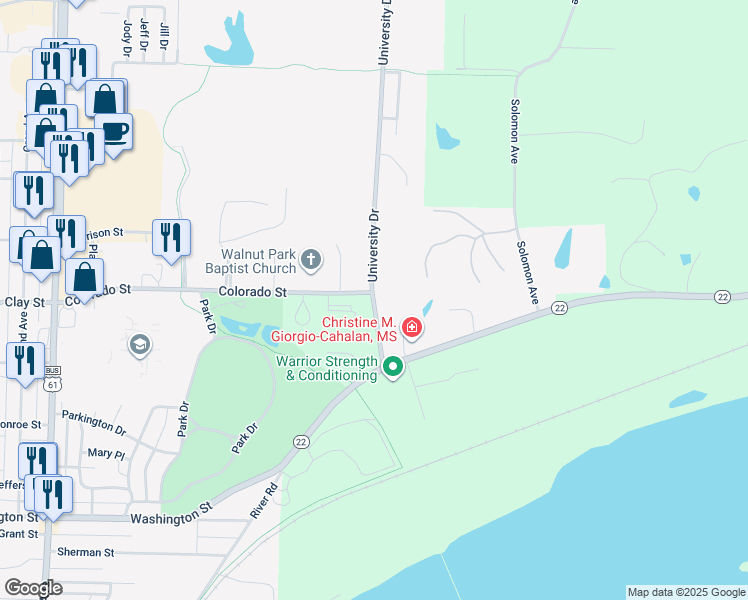 map of restaurants, bars, coffee shops, grocery stores, and more near 506 Colorado St in Muscatine