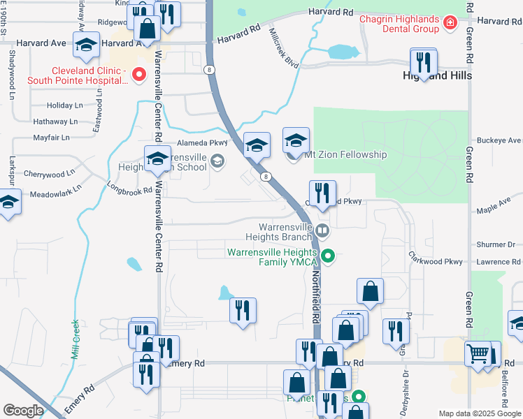 map of restaurants, bars, coffee shops, grocery stores, and more near 21229 Ellacott Parkway in Warrensville Heights