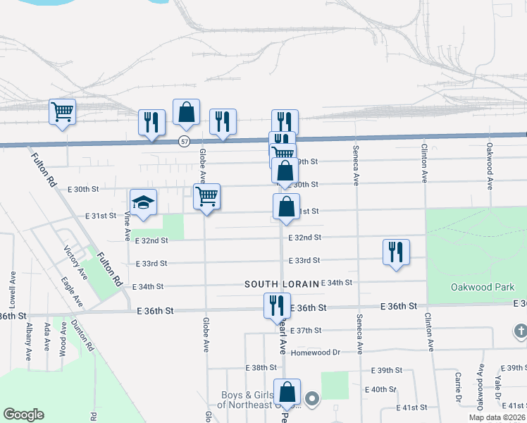 map of restaurants, bars, coffee shops, grocery stores, and more near 1775 East 31st Street in Lorain