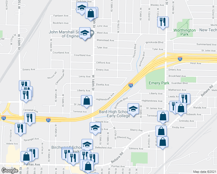 map of restaurants, bars, coffee shops, grocery stores, and more near 13807 Elsetta Avenue in Cleveland