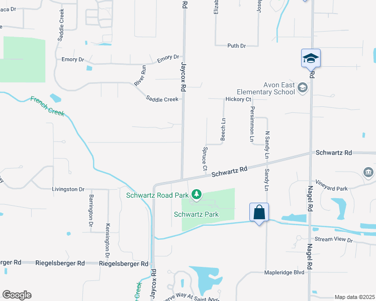map of restaurants, bars, coffee shops, grocery stores, and more near 3205 Jaycox Road in Avon