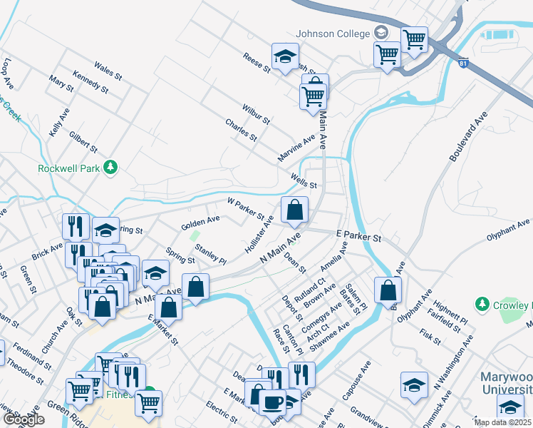 map of restaurants, bars, coffee shops, grocery stores, and more near 2507 Hollister Ave in Scranton