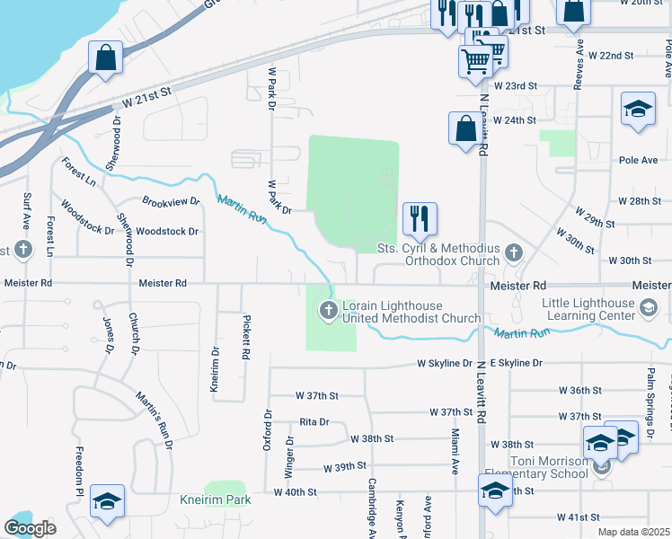 map of restaurants, bars, coffee shops, grocery stores, and more near 3024 Meister Road in Lorain