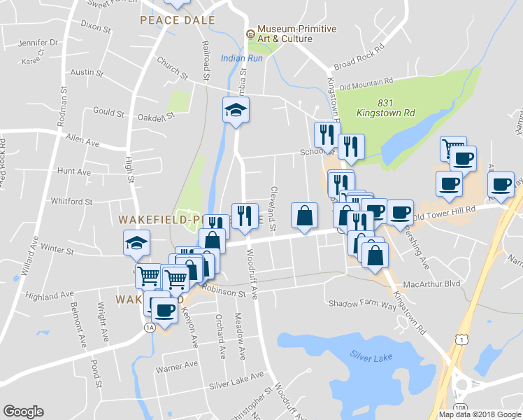 map of restaurants, bars, coffee shops, grocery stores, and more near 15 Hendricks Street in South Kingstown