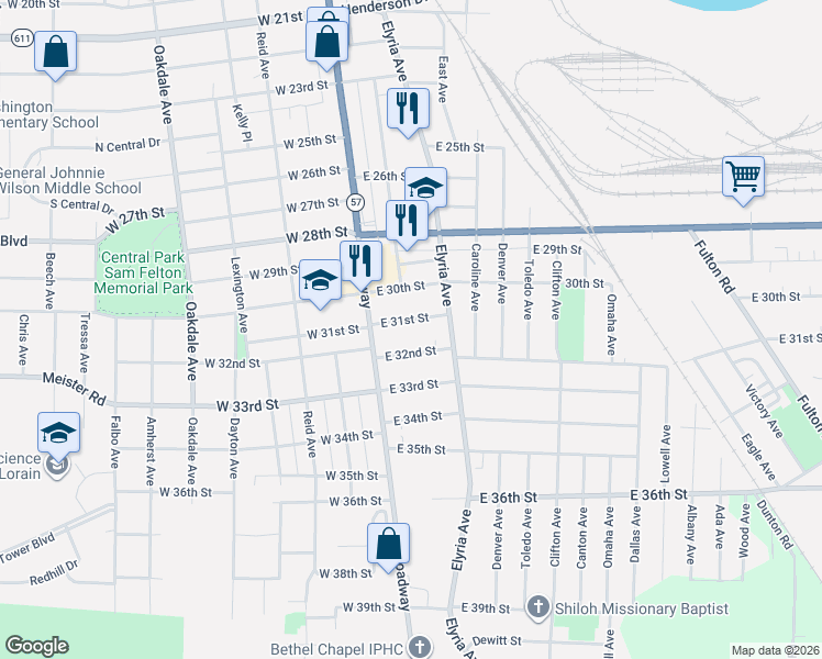 map of restaurants, bars, coffee shops, grocery stores, and more near 207 East 32nd Street in Lorain