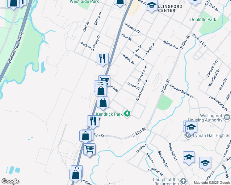 map of restaurants, bars, coffee shops, grocery stores, and more near 475 South Main Street in Wallingford