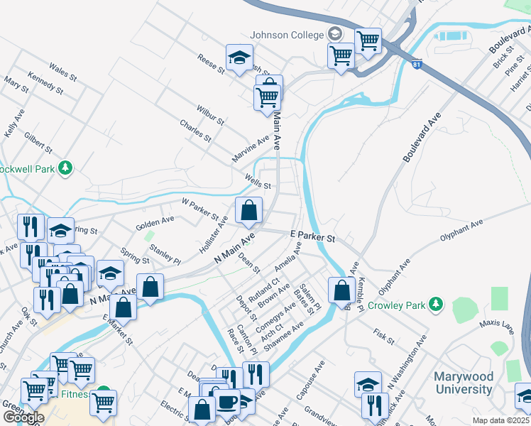 map of restaurants, bars, coffee shops, grocery stores, and more near 2514 North Main Avenue in Scranton
