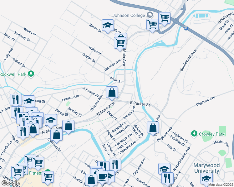 map of restaurants, bars, coffee shops, grocery stores, and more near 2514 North Main Avenue in Scranton