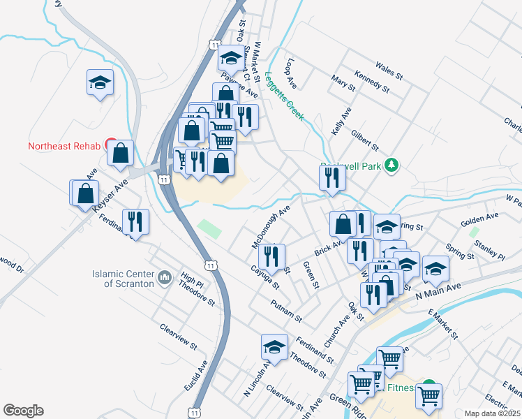 map of restaurants, bars, coffee shops, grocery stores, and more near 1762 Bloom Avenue in Scranton