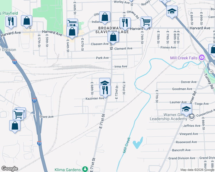 map of restaurants, bars, coffee shops, grocery stores, and more near 4293 East 71st Street in Cleveland