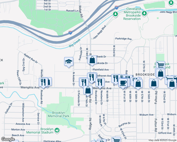 map of restaurants, bars, coffee shops, grocery stores, and more near 4215 Ridge Road in Cleveland