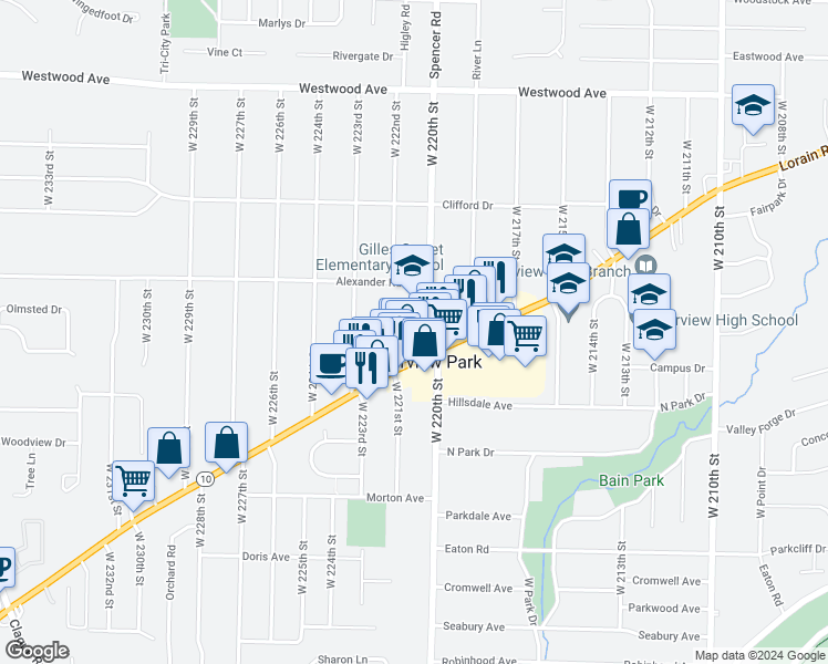 map of restaurants, bars, coffee shops, grocery stores, and more near 4309 West 222nd Street in Fairview Park