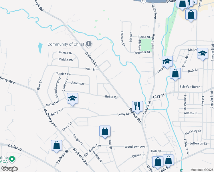map of restaurants, bars, coffee shops, grocery stores, and more near 2020 Bidwell Road in Muscatine