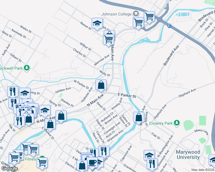 map of restaurants, bars, coffee shops, grocery stores, and more near 2514 North Main Avenue in Scranton