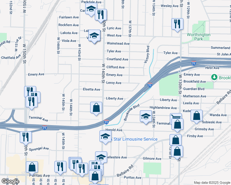 map of restaurants, bars, coffee shops, grocery stores, and more near 13825 Elsetta Avenue in Cleveland